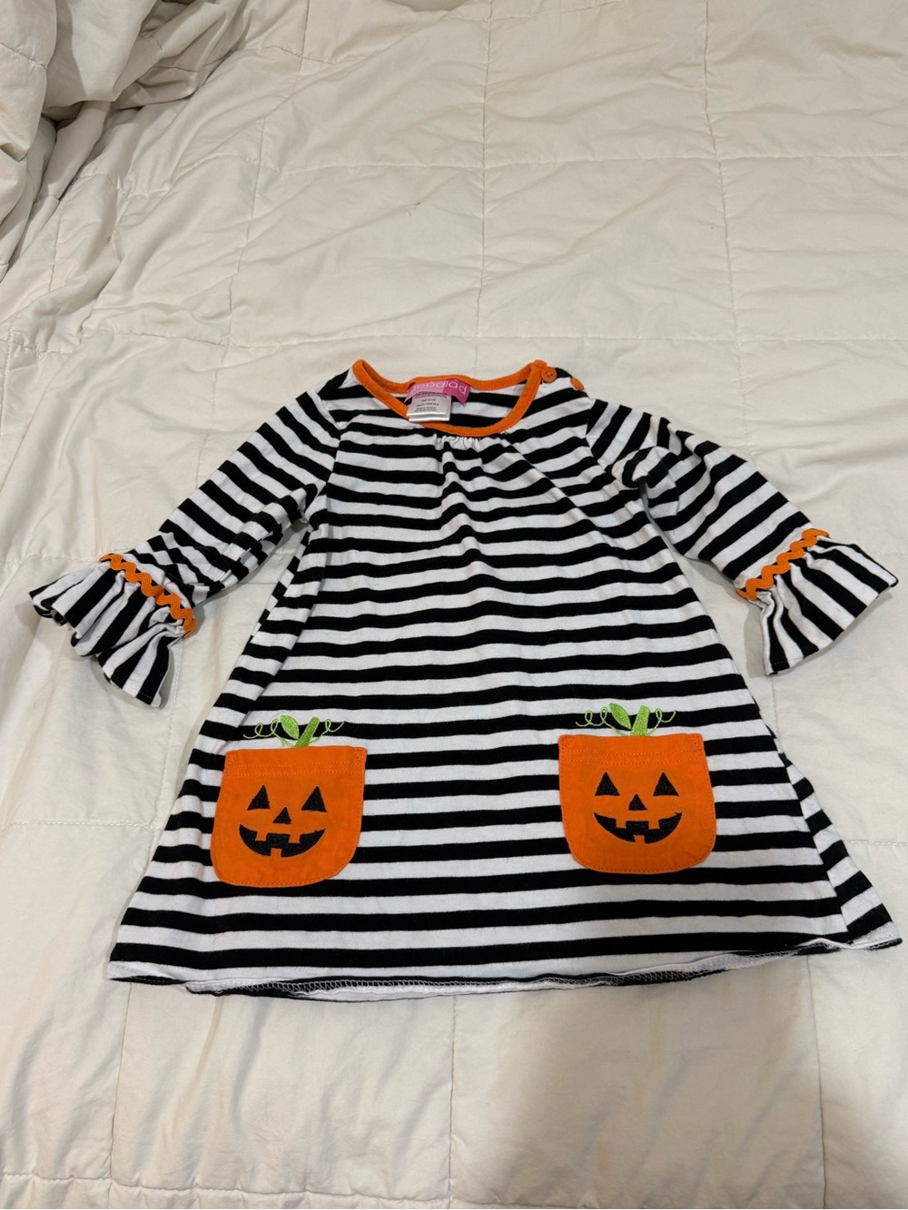 Good Lad Black & White Striped Halloween Dress/Top with Orange Pumpkin Pockets